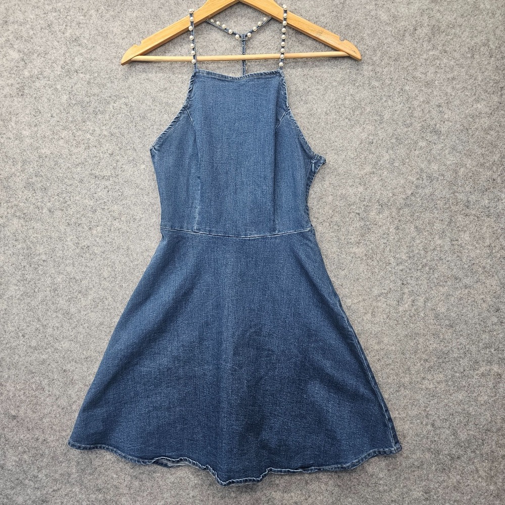 Y2K Denim Mini Dress Womens XS Blue Pearl Studded Cross Back Skater Preppy MEBON